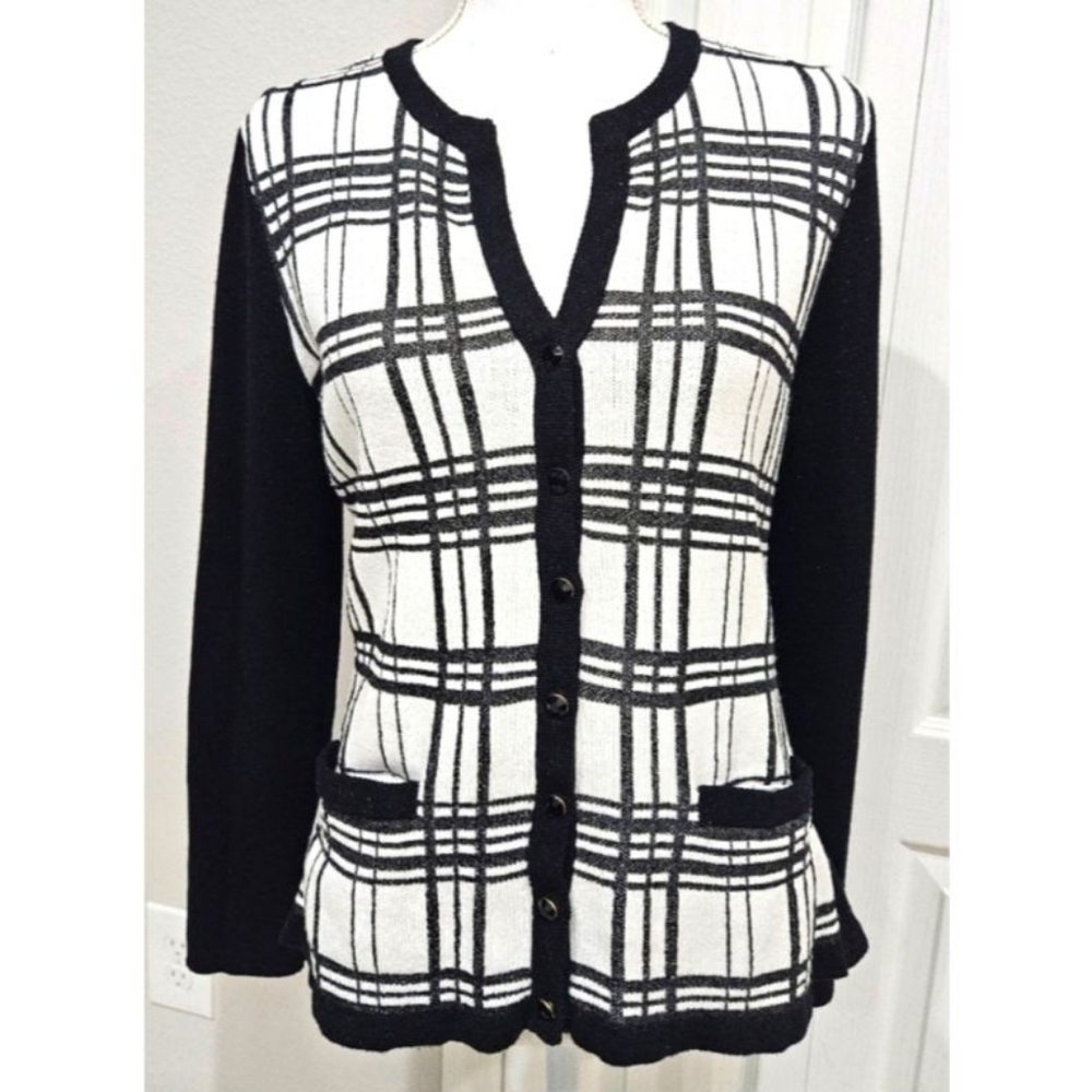 Glitter Plaid Knit Cardigan Sweater w Jewel Buttons JONES NEW YORK Size Medium P